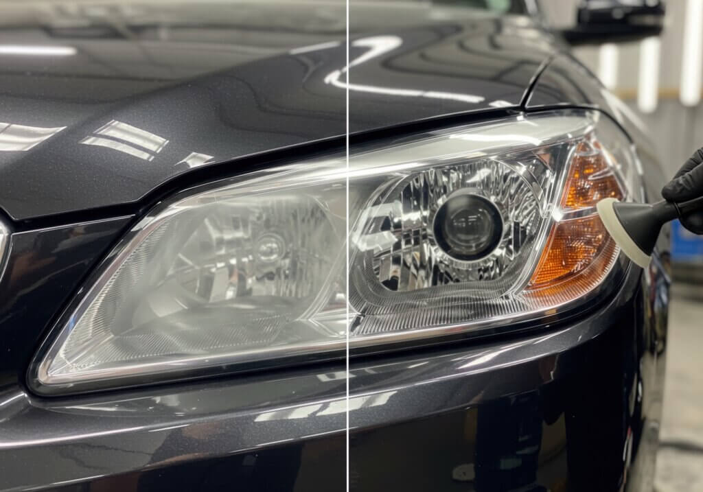 Before and after headlight restoration by Fine Finish Auto Detail in Oklahoma City, OK.
